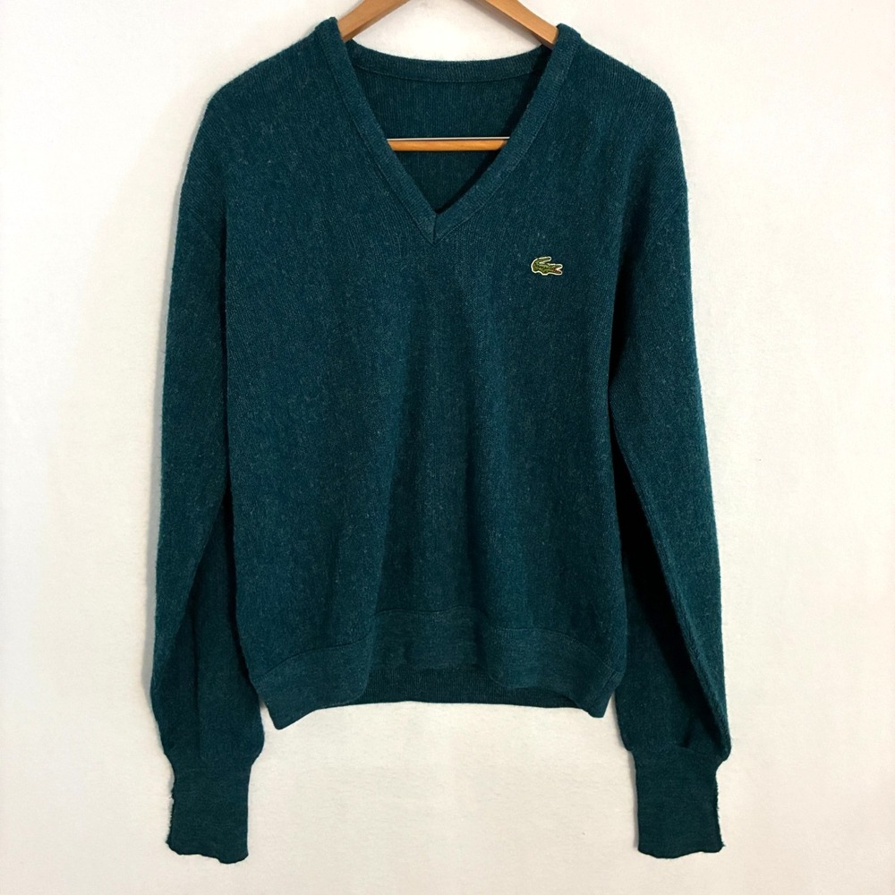 Lacoste Sweater Fits Men's Size M Green Croc Logo V Neck Tennis Preppy Party